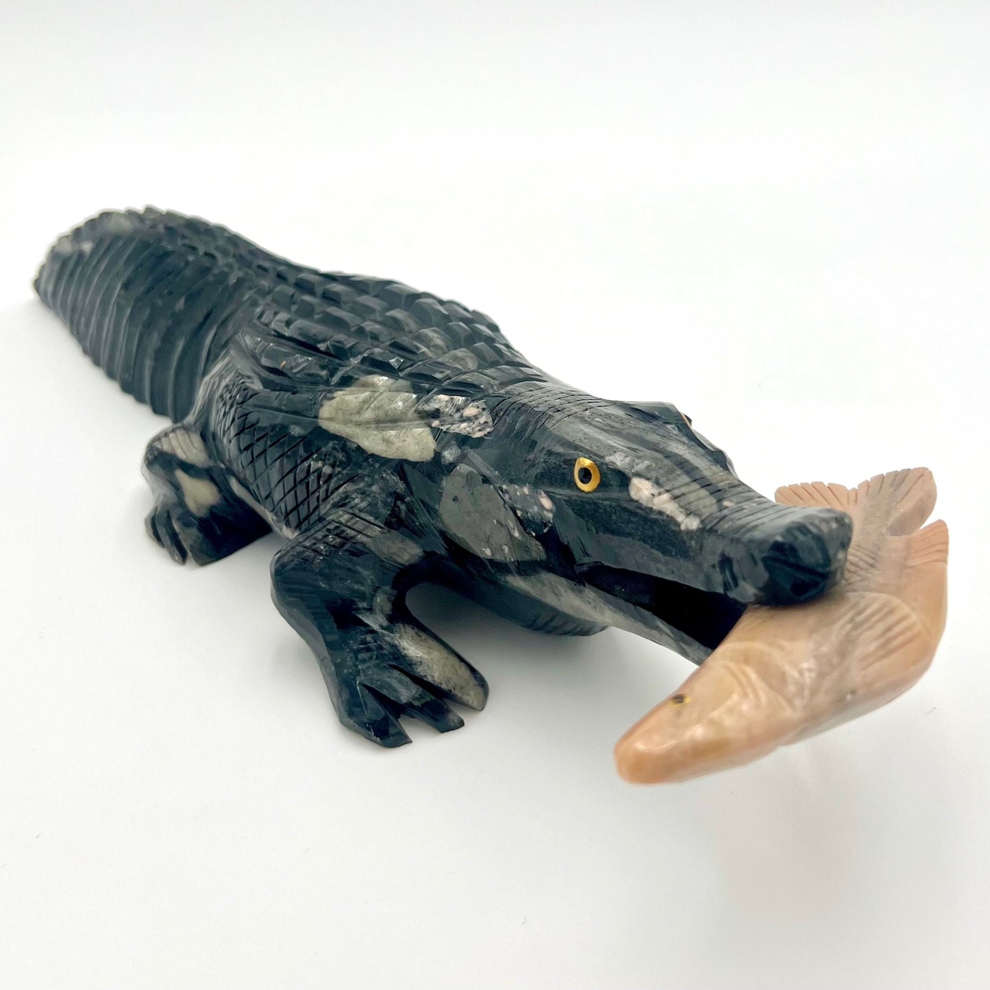 Natural Stone Alligator Sculpture - Handcrafted - Black Marinace granite and dalomite (fish)