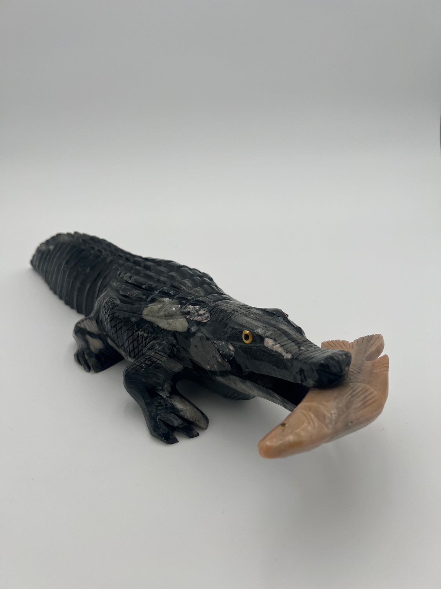 Natural Stone Alligator Sculpture - Handcrafted - Black Marinace granite and dalomite (fish)