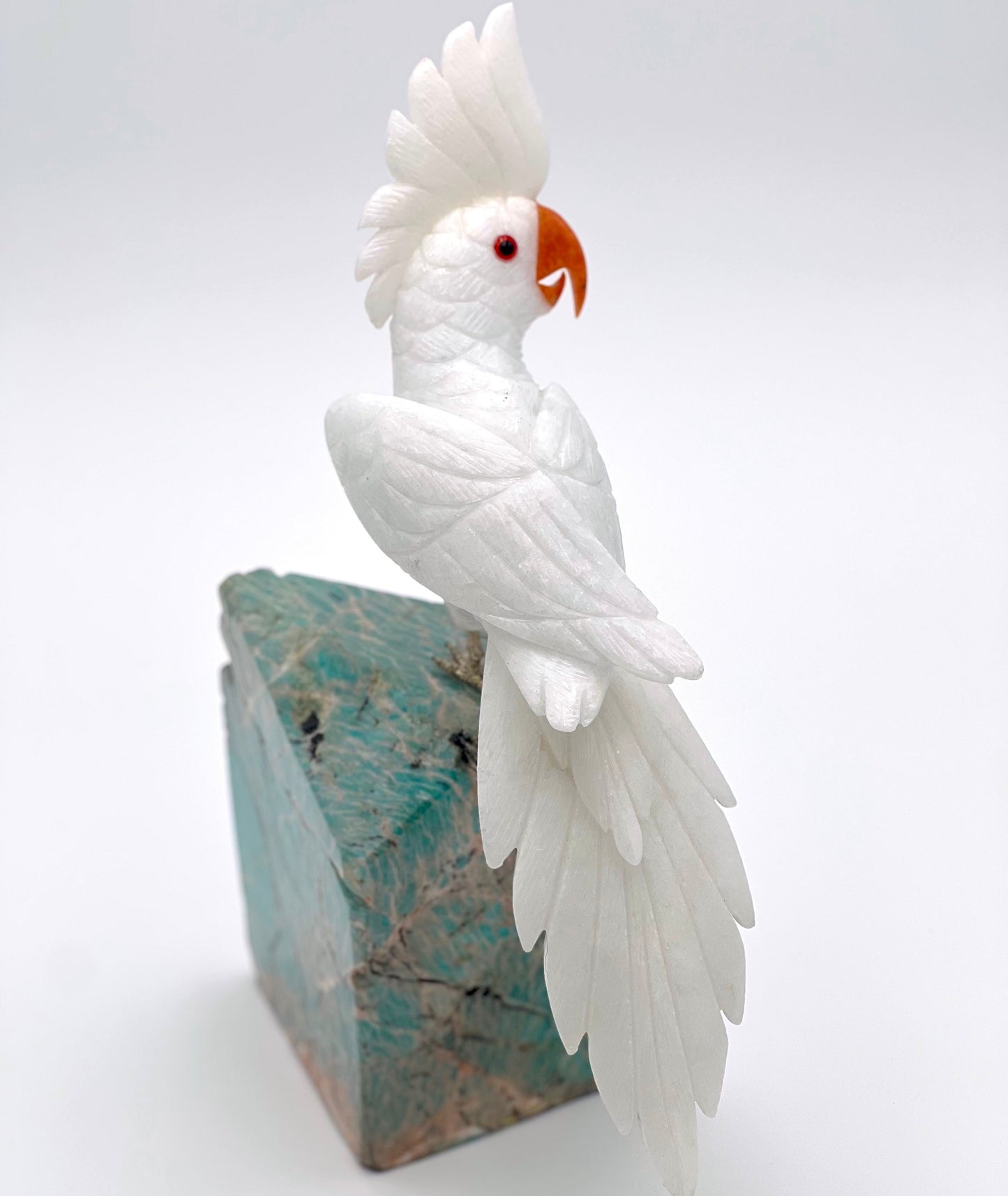 Natural Stone Cockatoo Bird - White Marble, Orange Calcite and Tiffany Blue Quartzite
