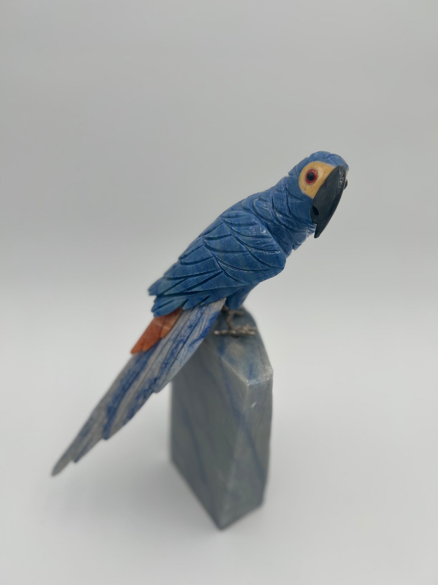 Natural Stone Cockatoo Bird Sculpture - Macaubas Blue Quartzite and Orange Calcite