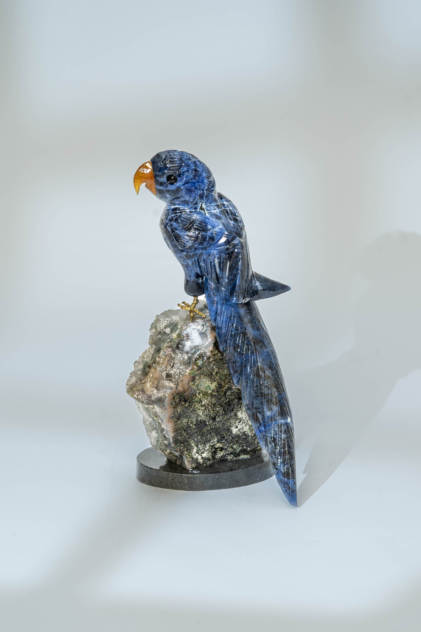 Natural Stone Macaw Bird - Sodalite & Amethyst with Black Marble