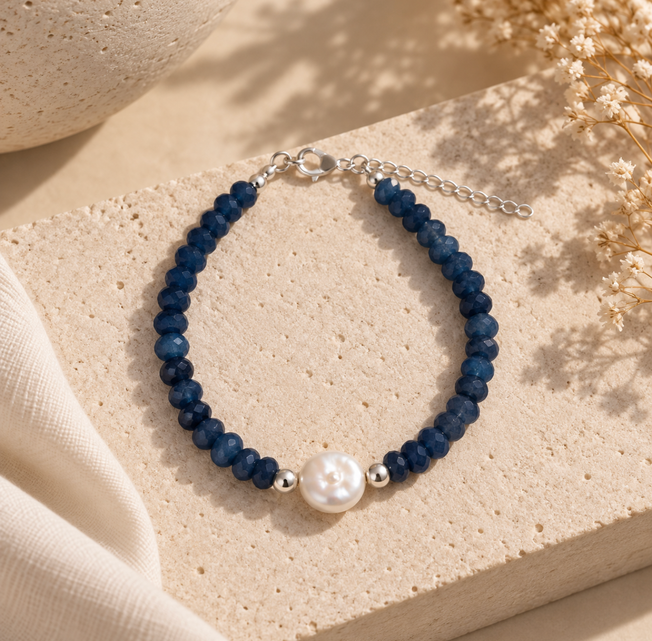 Bracelet - Sapphire Jade and Biwa Pearl with Silver 925
