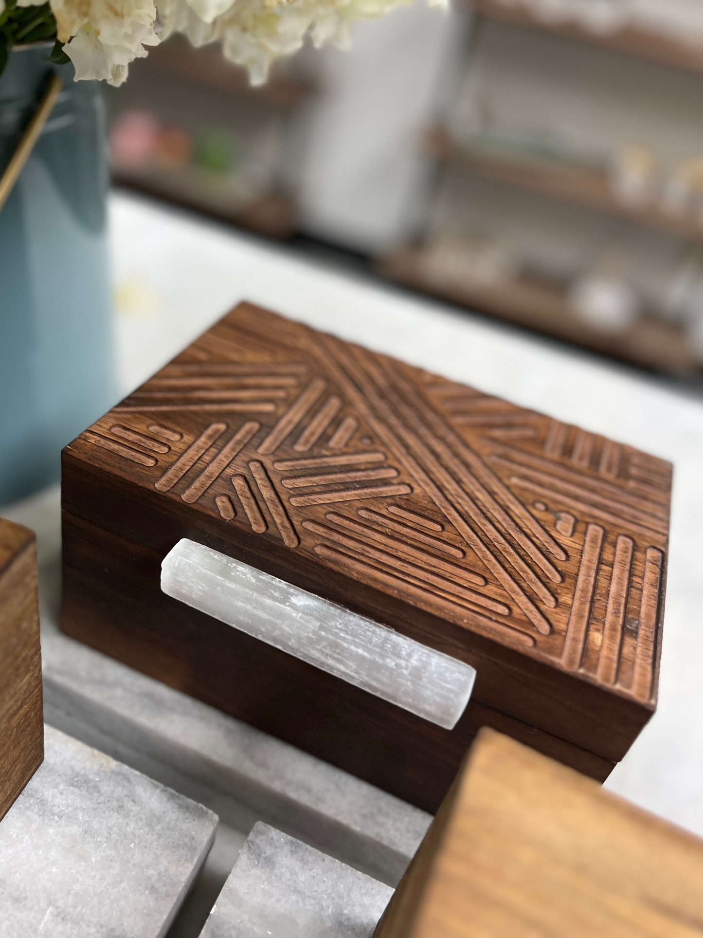 Wooden-style box with natural stone