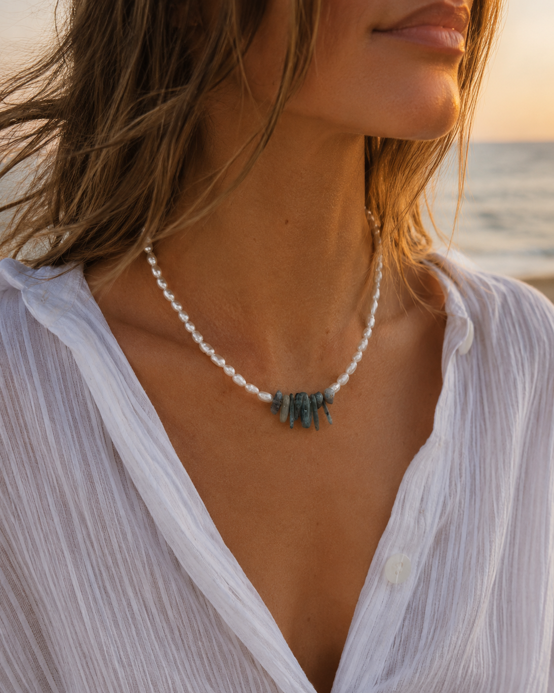 Necklace - Freshwater Pearl Rice and Blue Kyanite Chips with Silver 925