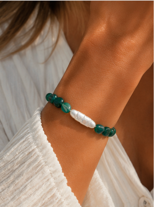 Bracelet - Green Agate and Baroque Pearl with Silver 925