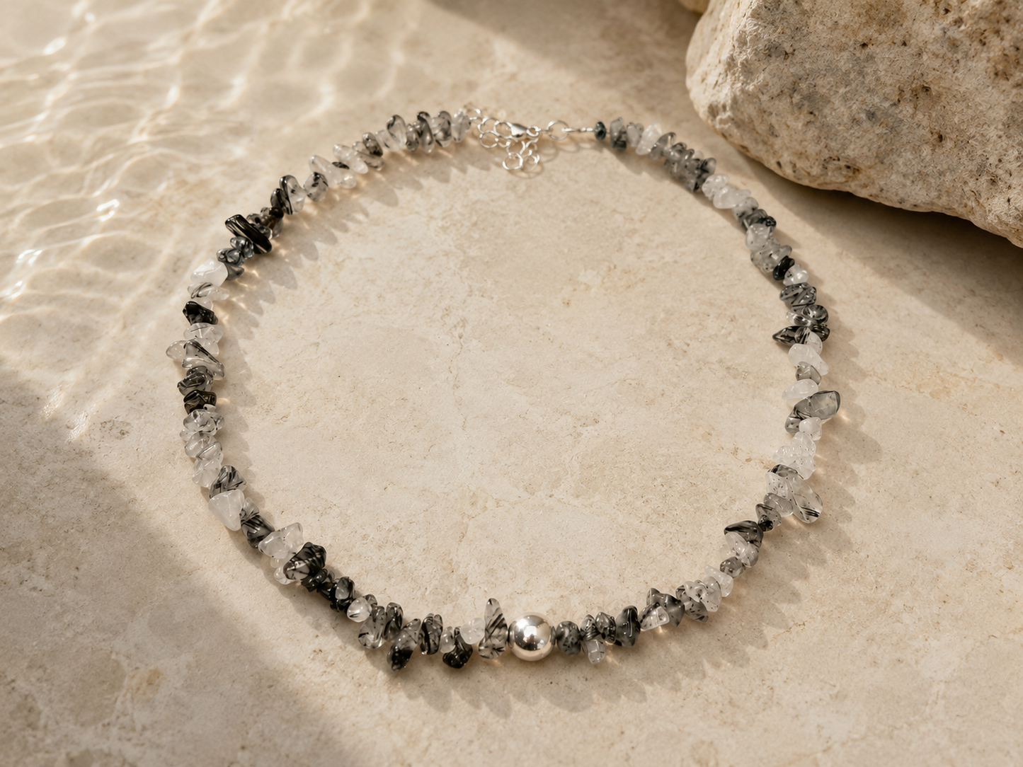 Necklace - Black Rutilated Quartz Gravel with Silver 925