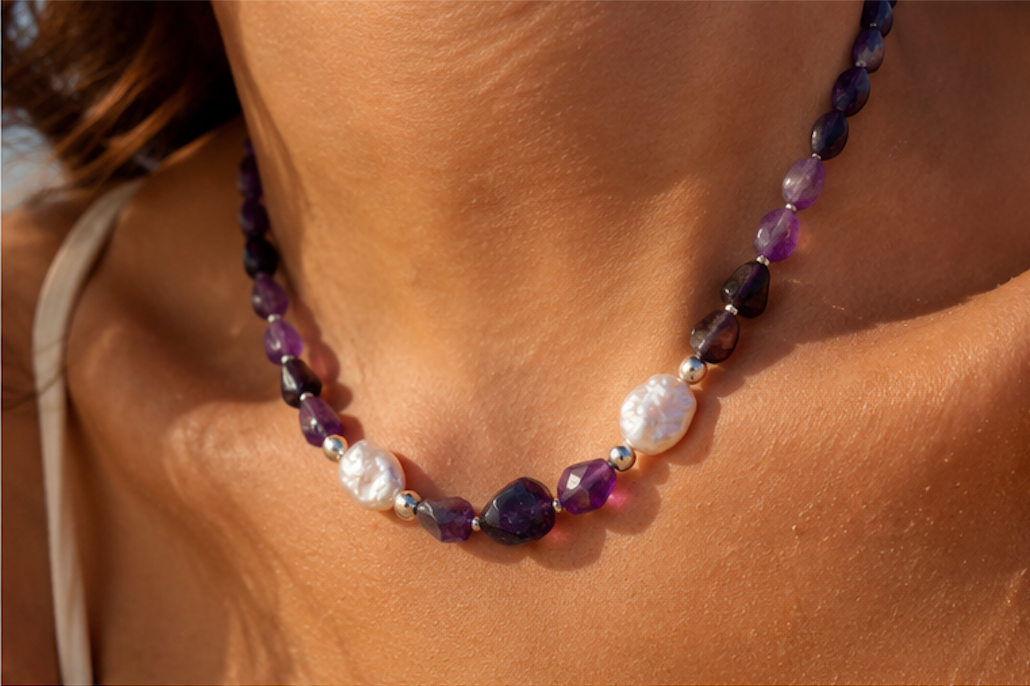 Necklace - Amethyst and Biwa Pearl with Silver 925