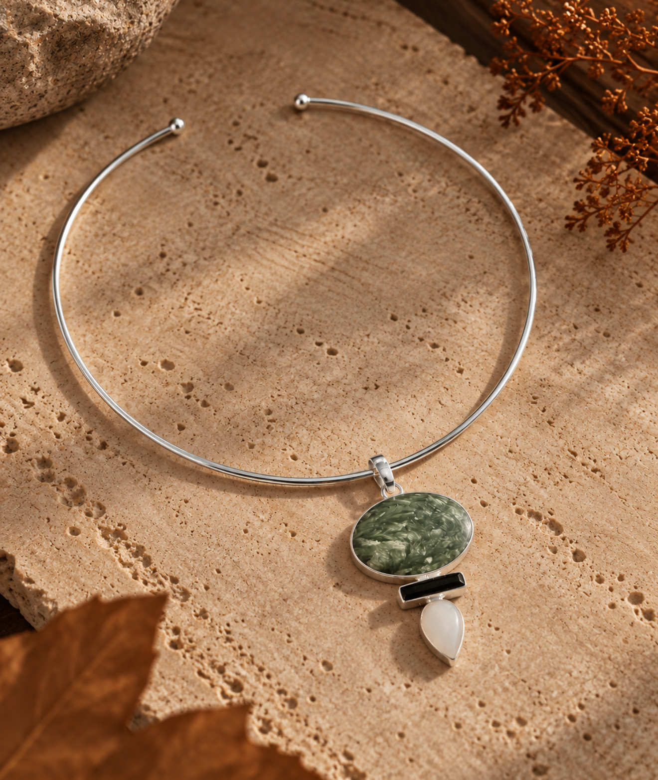 Collar Necklace and Pendant - Seraphinite, Black Tourmaline and Moonstone with Silver 925