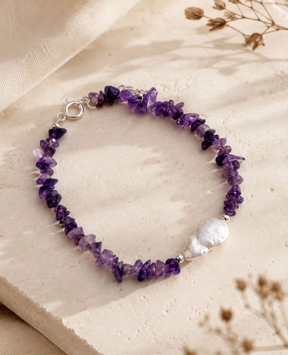 Bracelet - Amethyst and Biwa Pearl with Silver 925
