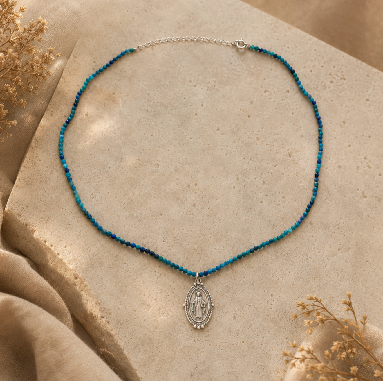 Set of 2 - Necklace: Chrysocolla 2mm - Pendant: Our Lady of Grace in Silver 925