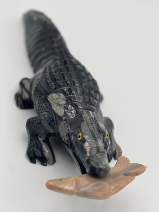 Natural Stone Alligator Sculpture - Handcrafted - Black Marinace granite and dalomite (fish)