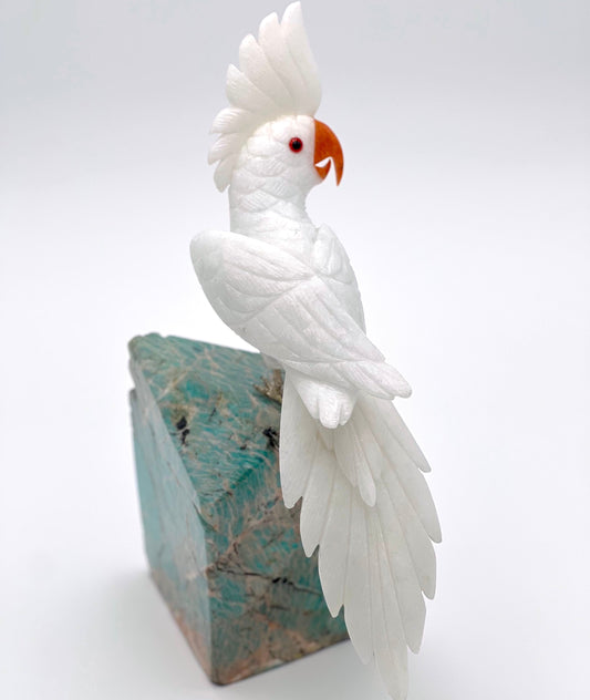 Natural Stone Cockatoo Bird - White Marble, Orange Calcite and Tiffany Blue Quartzite
