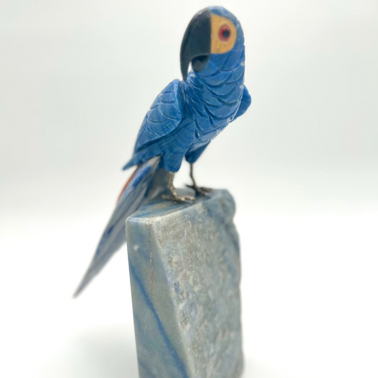 Natural Stone Cockatoo Bird Sculpture - Macaubas Blue Quartzite and Orange Calcite