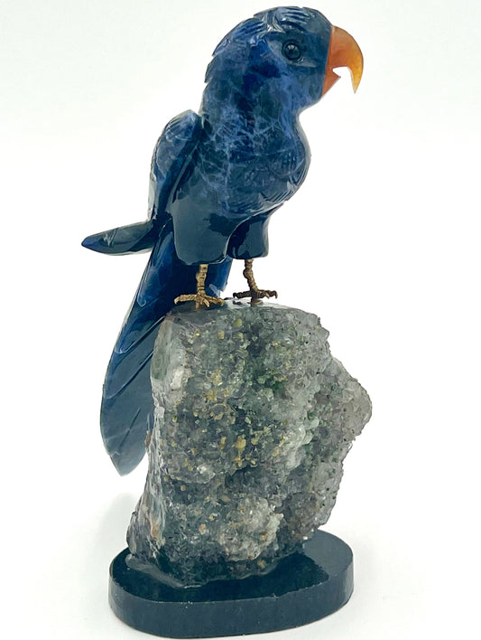 Natural Stone Macaw Bird - Sodalite & Amethyst with Black Marble