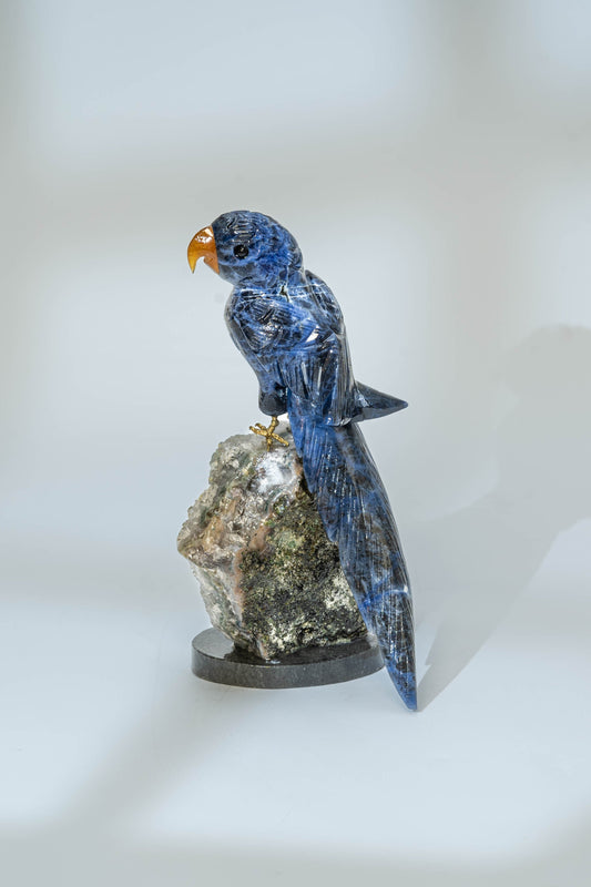 Natural Stone Macaw Bird - Sodalite & Amethyst with Black Marble