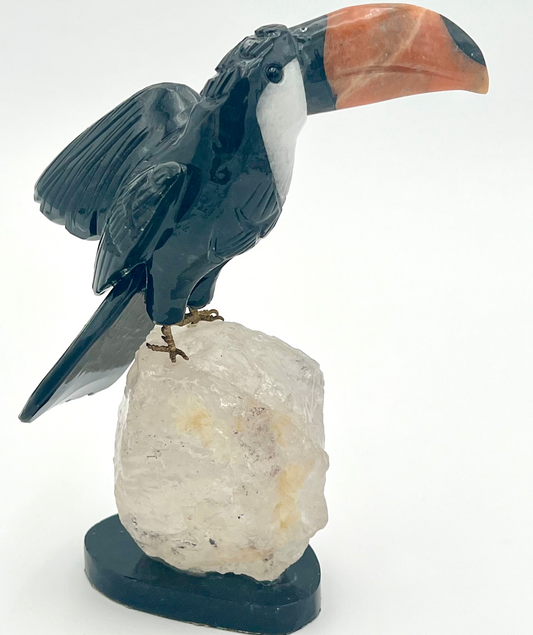 Natural Stone Toucan Bird - Black marble, Orange Calcite & Crystal
