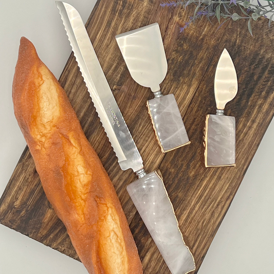 Cheese Knives Trio - Rose Quartz with Golden Edges