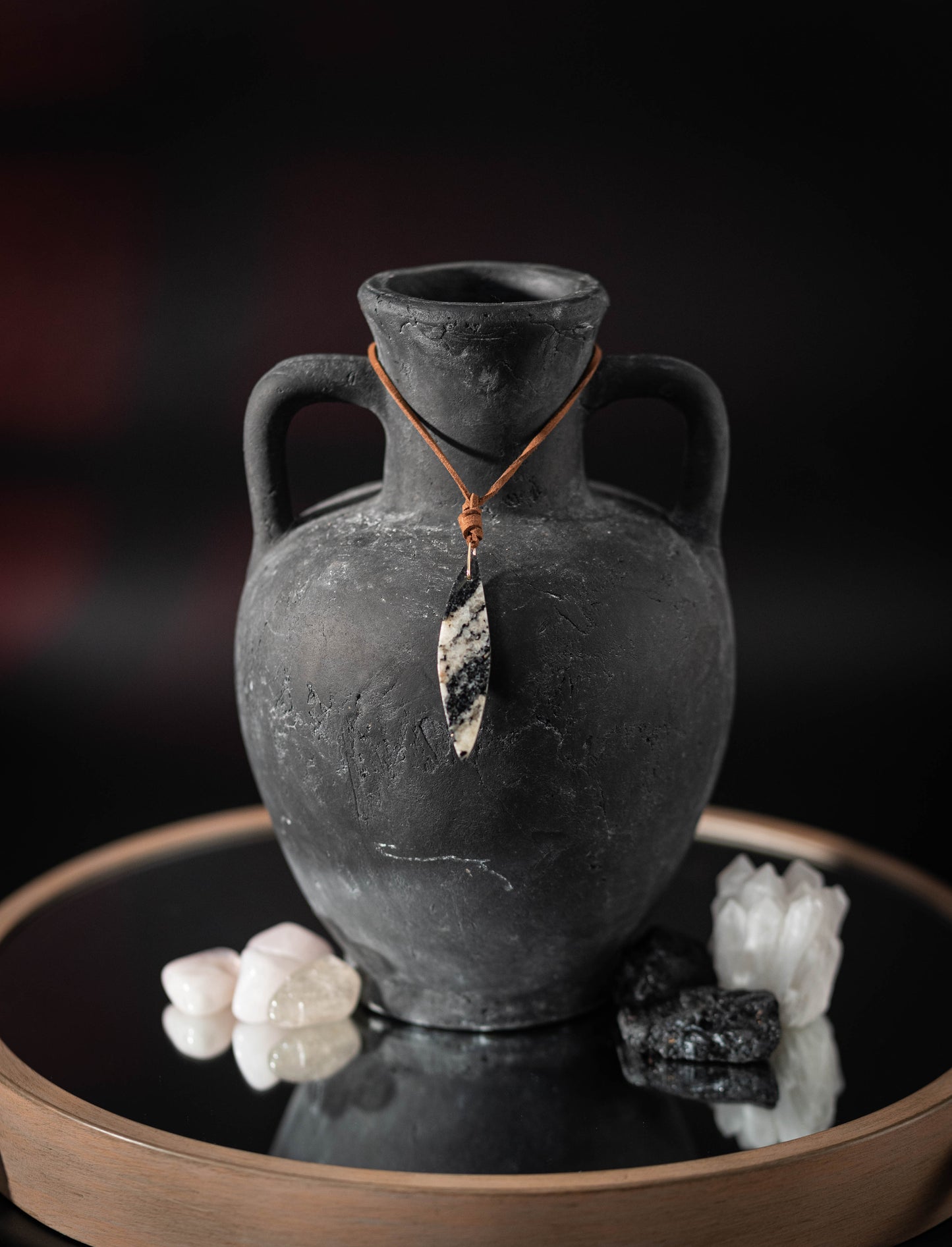 Gold 18k and Suede Cord Necklace & Infinity Black Granite Pendant