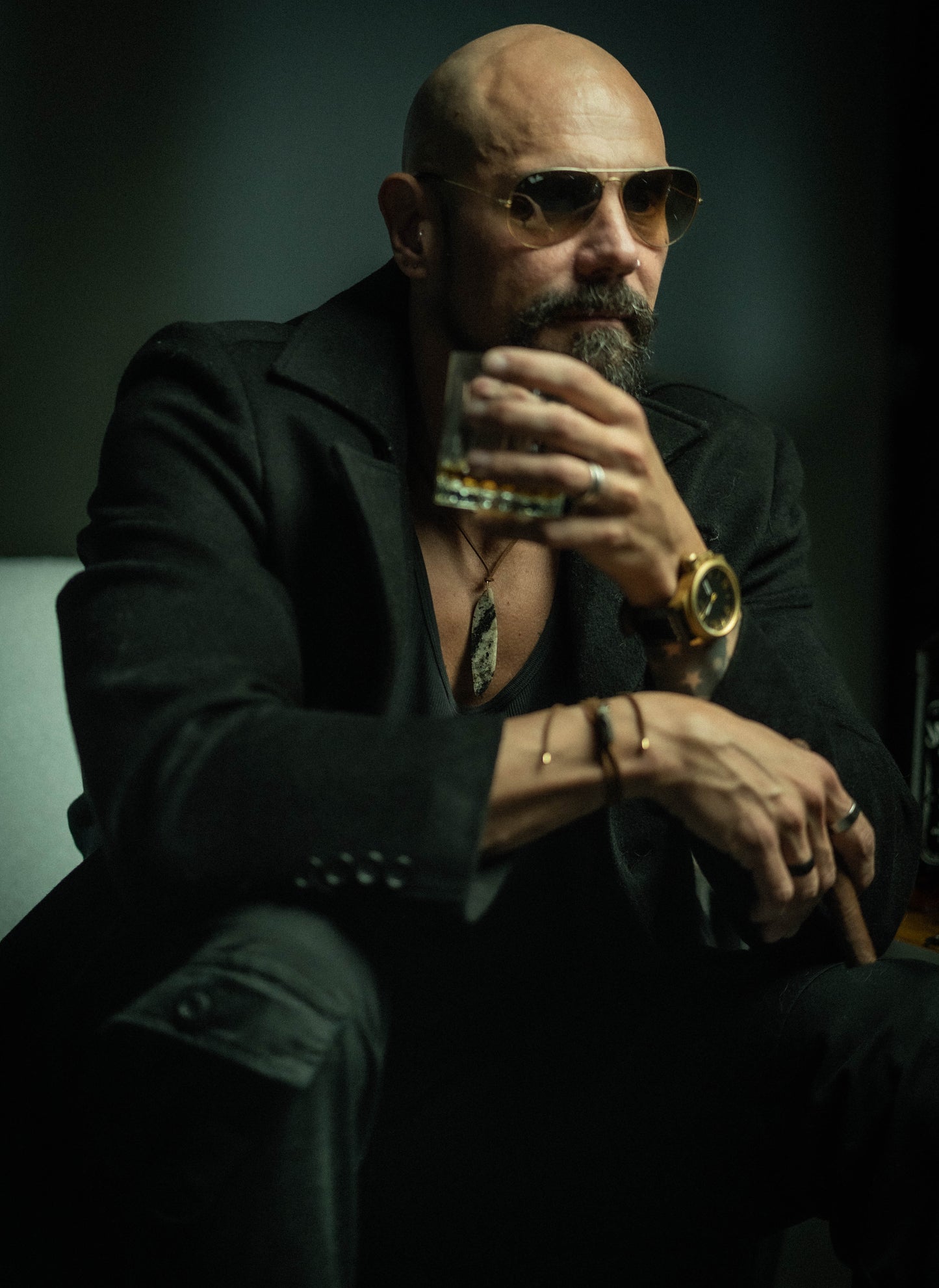 Gold 18k and Suede Cord Necklace & Infinity Black Granite Pendant - Almma - 18k Gold Collection