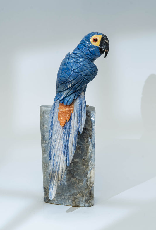 Natural Stone Cockatoo Bird Sculpture - Macaubas Blue Quartzite and Orange Calcite