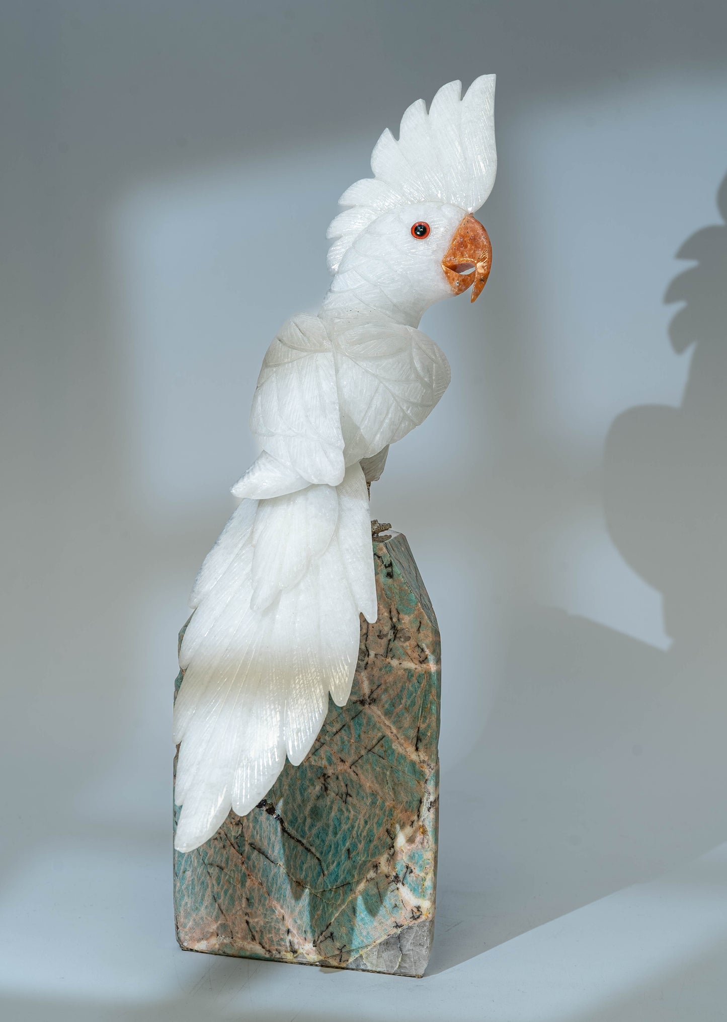 Natural Stone Cockatoo Bird - White Marble, Orange Calcite and Tiffany Blue Quartzite