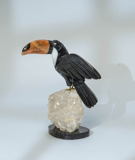 Natural Stone Toucan Bird - Black marble, Orange Calcite & Crystal