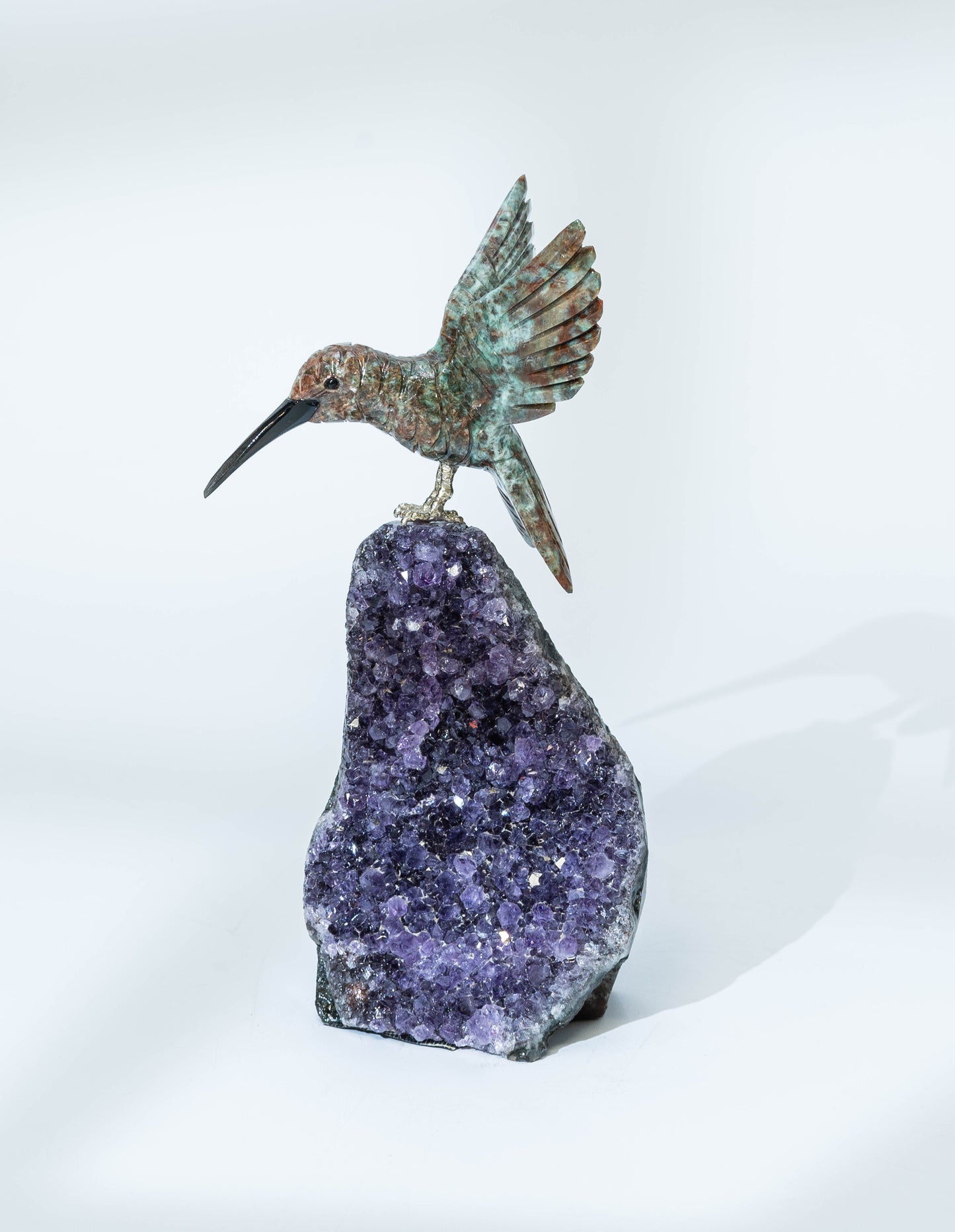 Natural Stone Hummingbird - Green serpentine & Amethyst