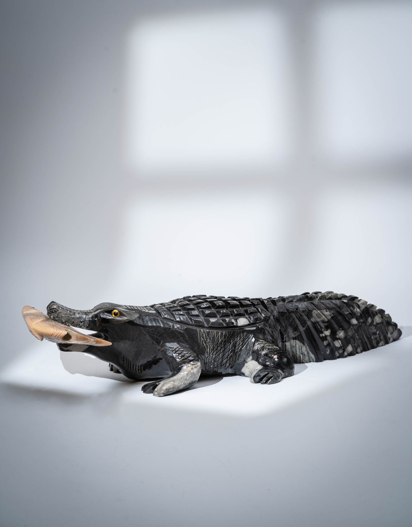 Natural Stone Alligator Sculpture - Handcrafted - Black Marinace granite and dalomite (fish)