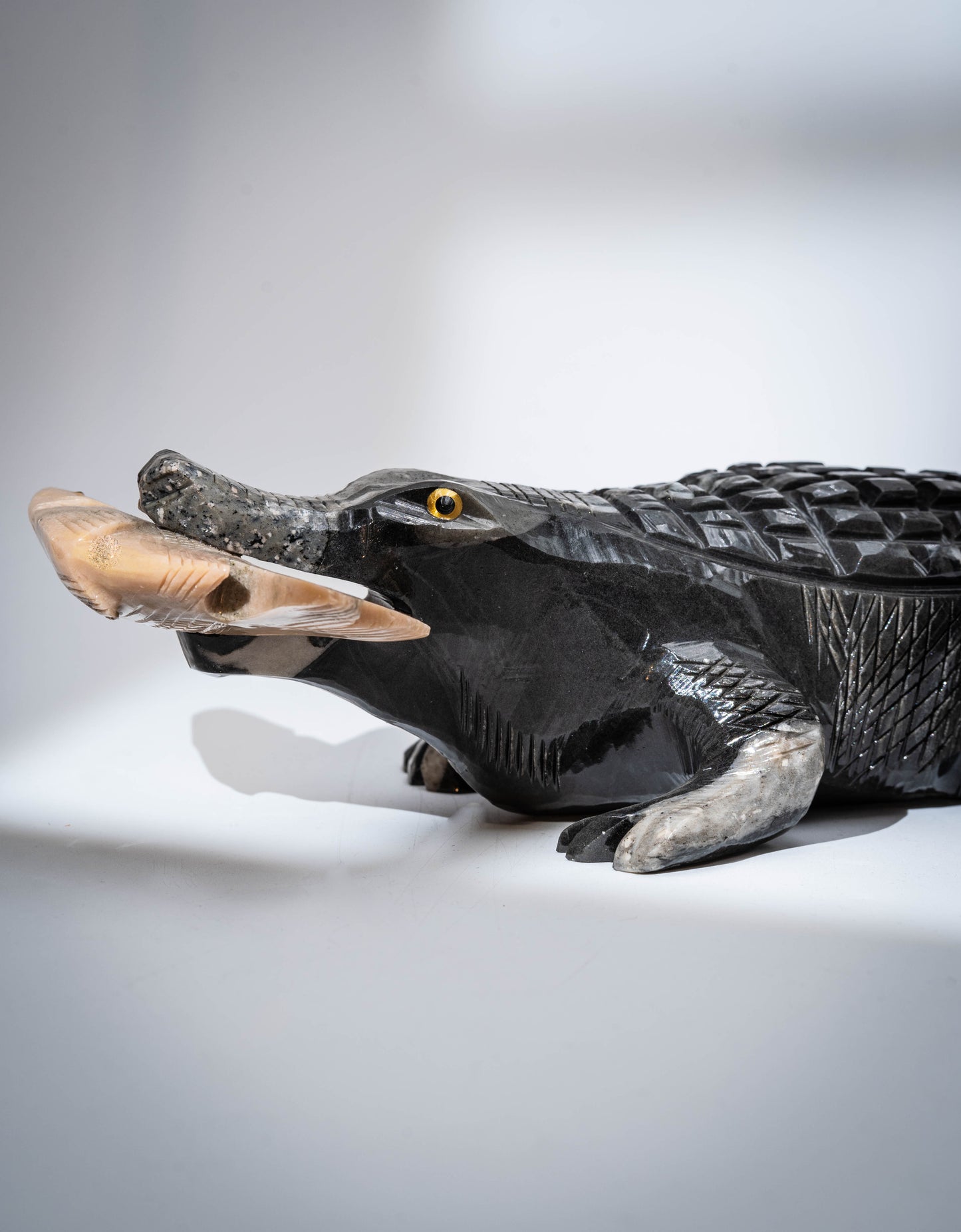 Natural Stone Alligator Sculpture - Handcrafted - Black Marinace granite and dalomite (fish)