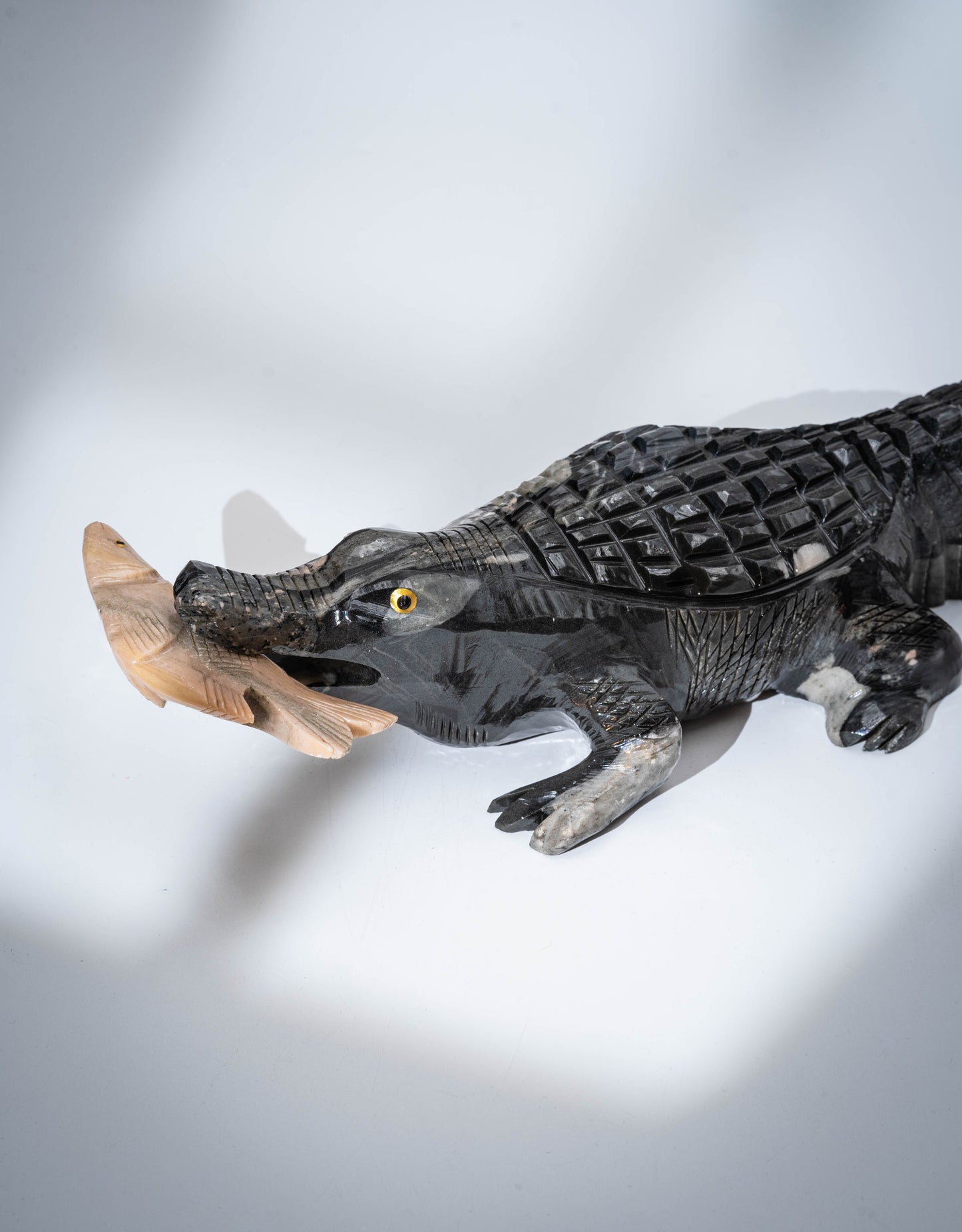 Natural Stone Alligator Sculpture - Handcrafted - Black Marinace granite and dalomite (fish)