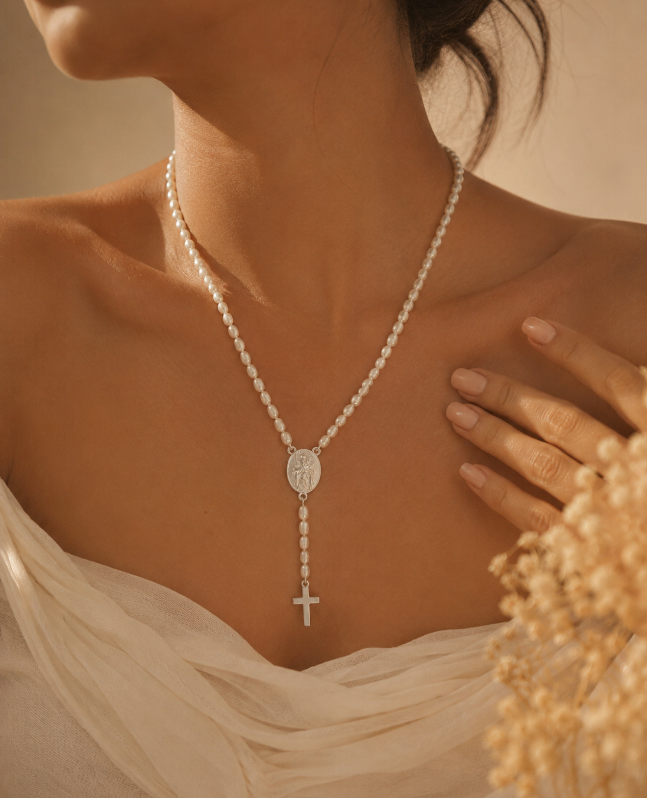 Rosary Necklace - Rice Pearl with Silver 925