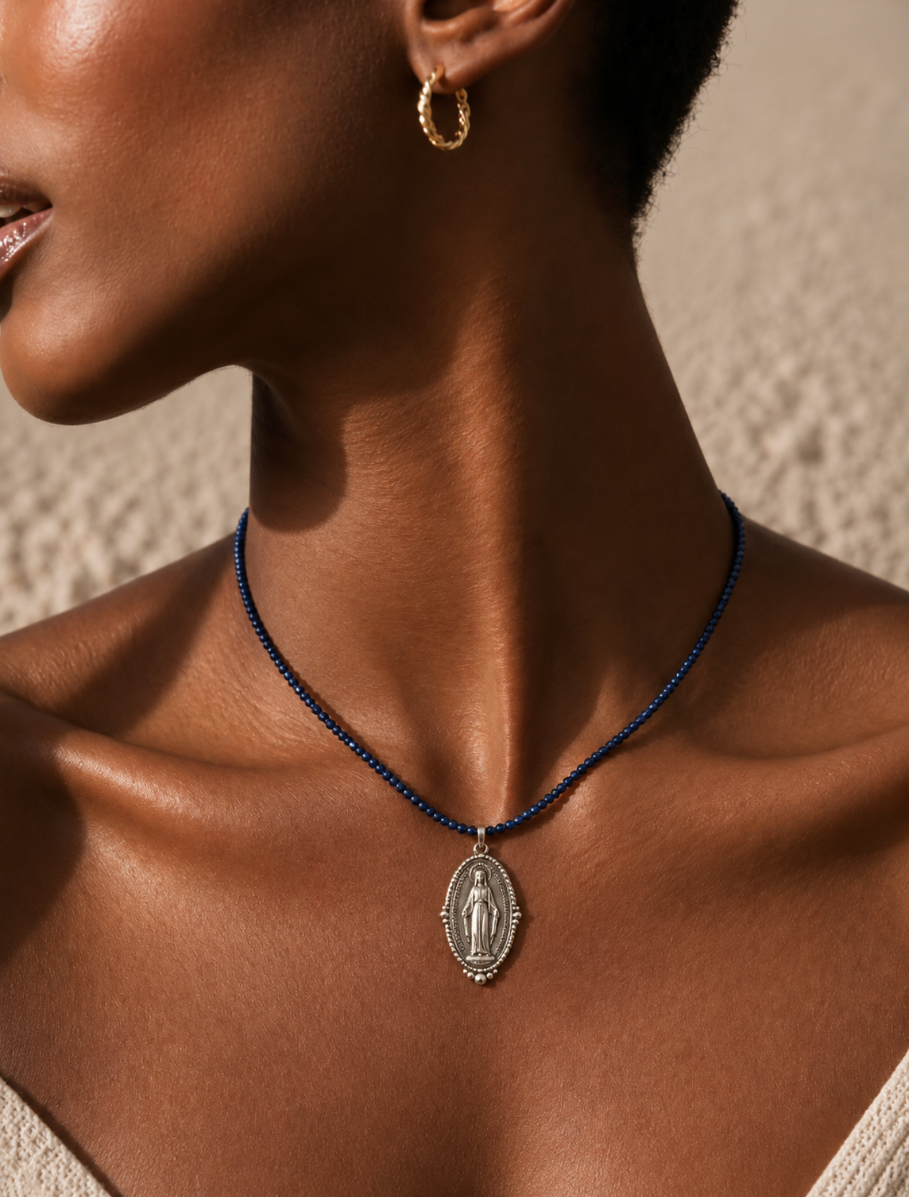Set of 2 - Necklace: Sapphire Jade 2mm & Pendant: Our Lady of Grace in Silver 925