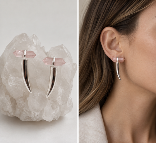 A split image showing a pair of silver crescent-shaped dangle earrings with pale pink crystal tops, displayed on a white crystal cluster on the left, and worn on a model's ear on the right.