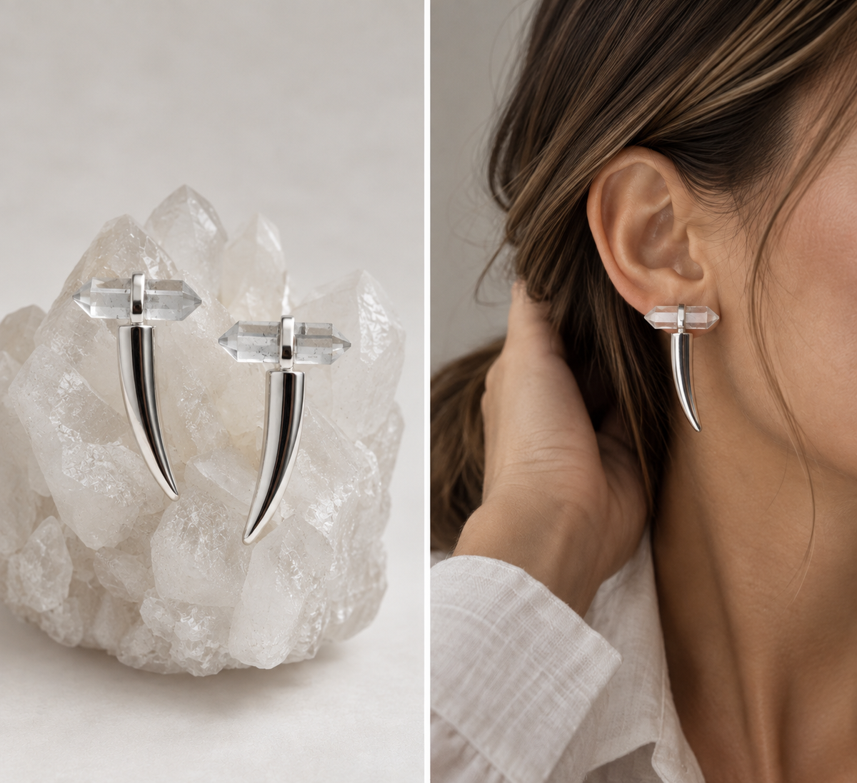 Split-screen view of silver claw stud earrings with clear faceted crystal tops. The left side shows the earrings resting on a white crystal cluster, and the right side shows a woman wearing one earring on her ear.