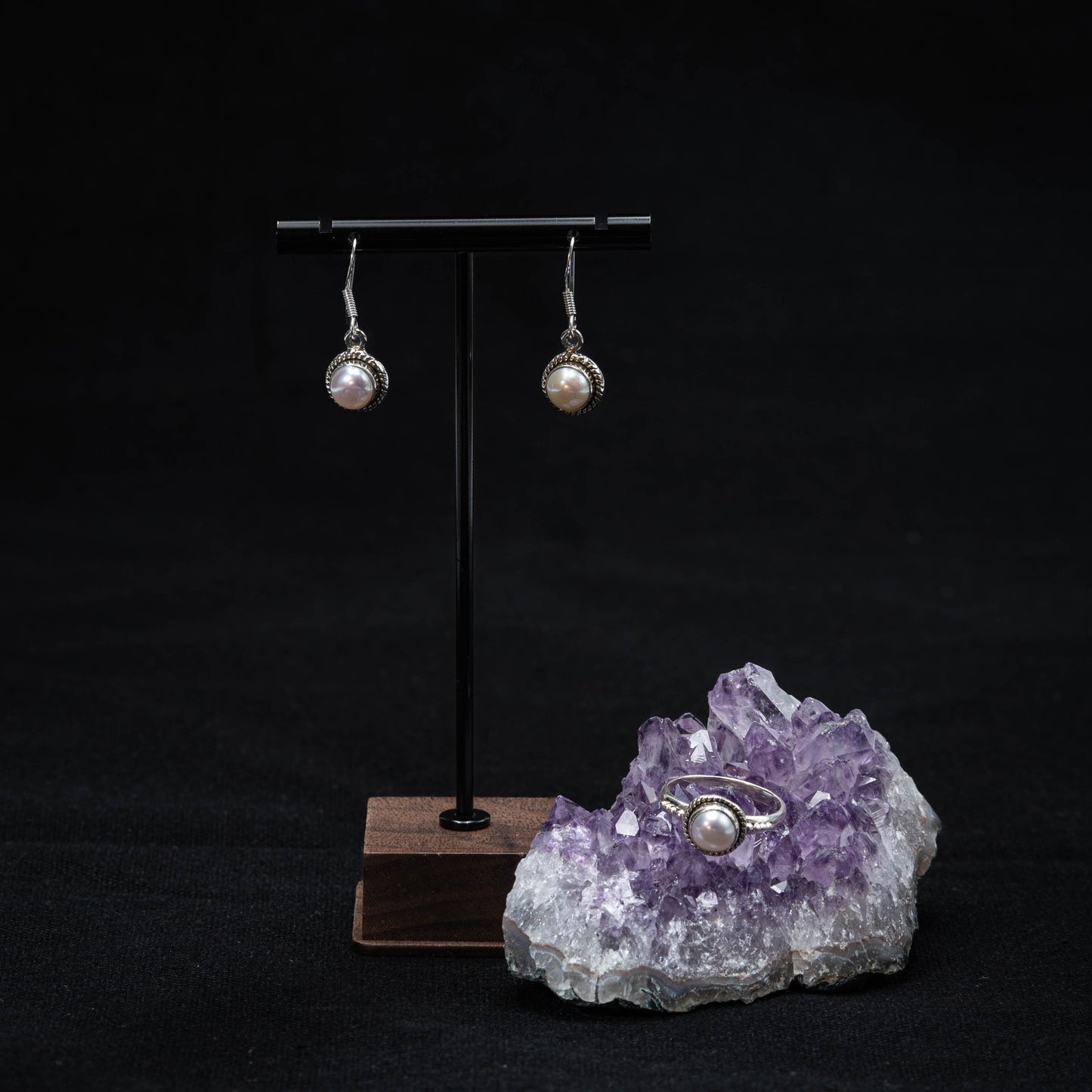 Set of Ring and Earring - Freshwater Pearl with Silver 925 - Ring size: 19