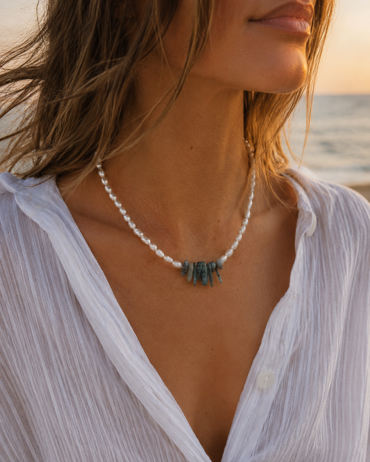 Necklace - Freshwater Pearl Rice and Blue Kyanite Chips with Silver 925