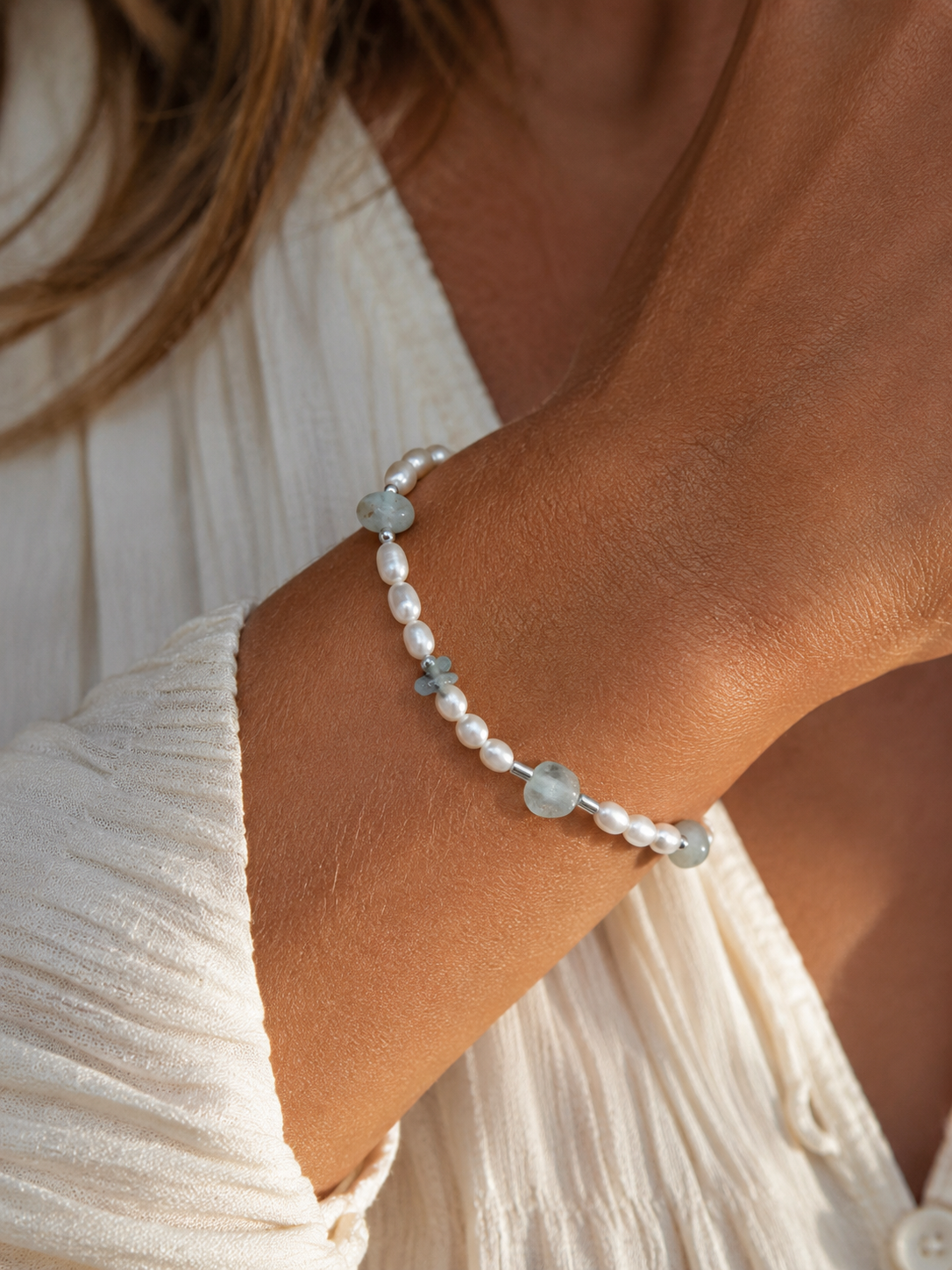 Bracelet - Freshwater Pearl Rice and Aquamarine with Silver 925