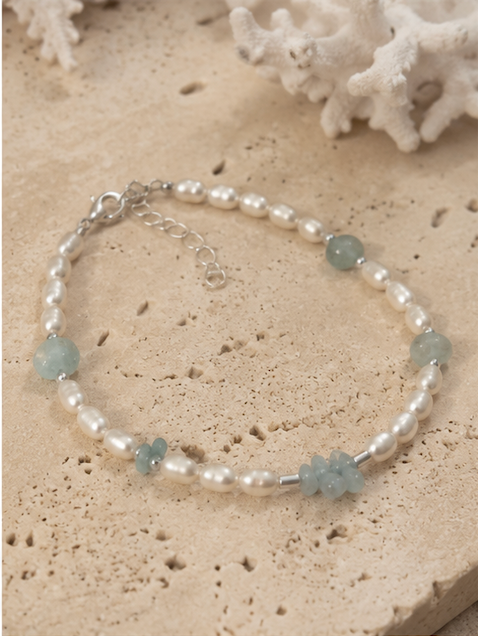 Bracelet - Freshwater Pearl Rice and Aquamarine with Silver 925