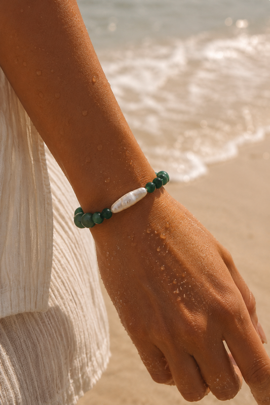 Bracelet - Green Agate and Baroque Pearl with Silver 925