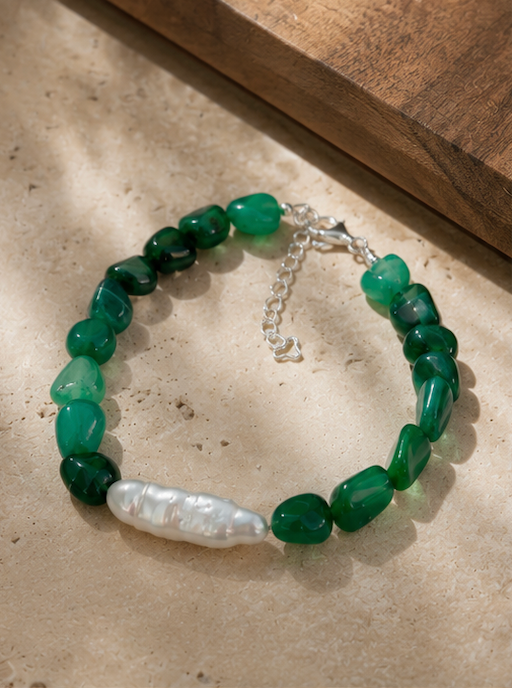 Bracelet - Green Agate and Baroque Pearl with Silver 925