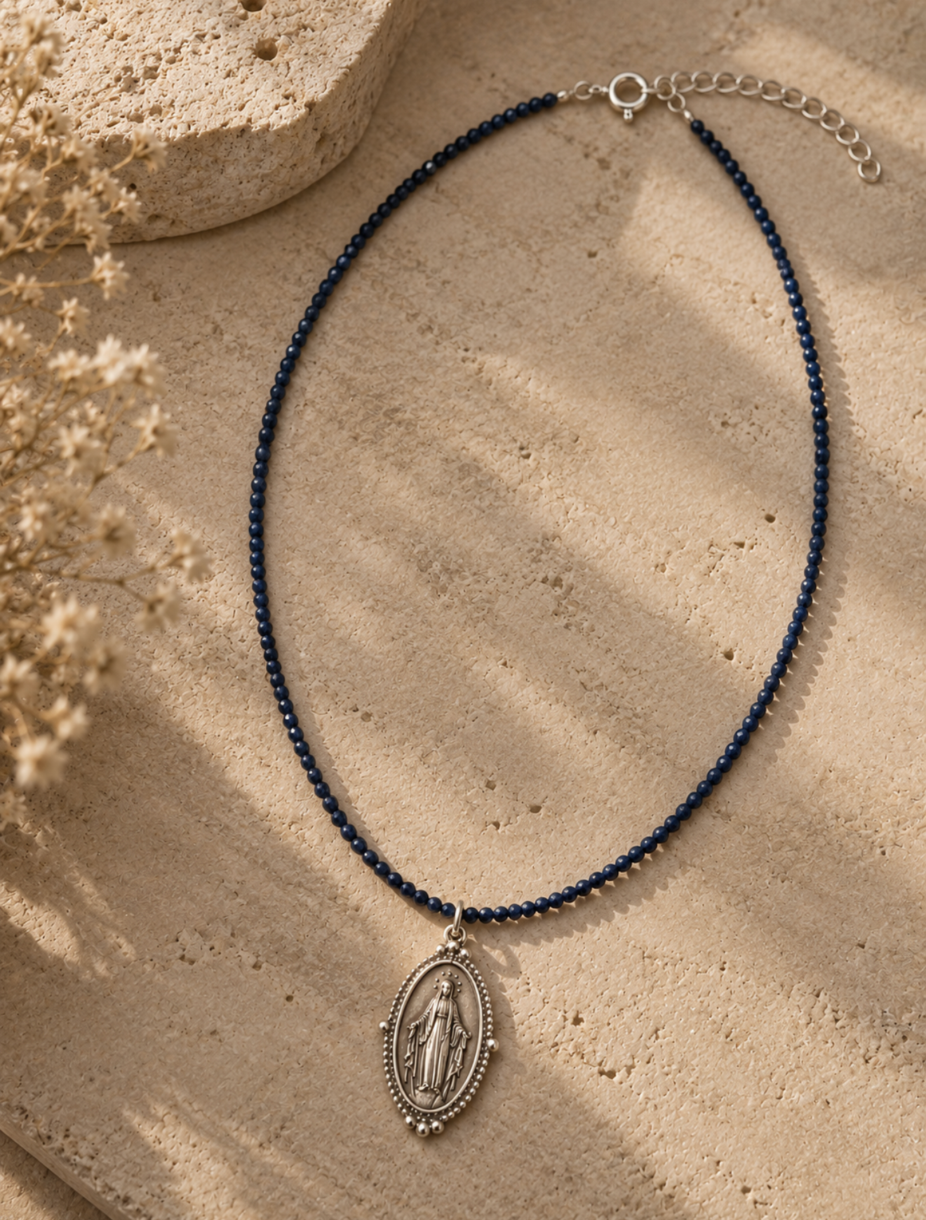 Set of 2 - Necklace: Sapphire Jade 2mm & Pendant: Our Lady of Grace in Silver 925