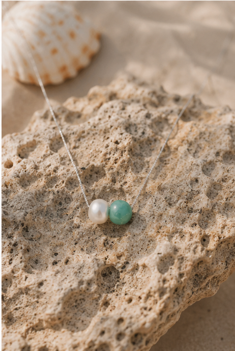 Necklace - Bread Pearl and Irregular Tumbled Green Jade with Silver 925