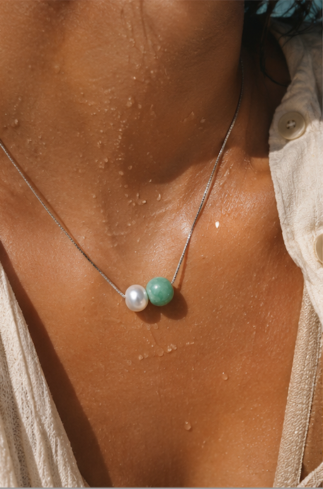 Necklace - Bread Pearl and Irregular Tumbled Green Jade with Silver 925