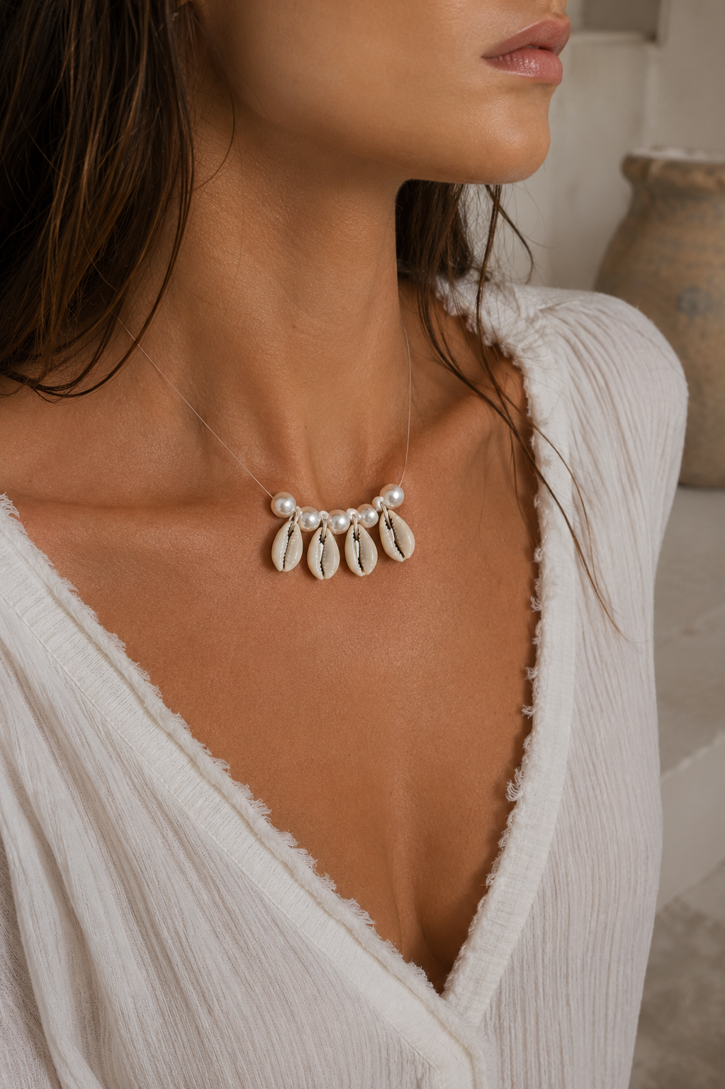 Necklace - Cowrie Shells and Freshwater Pearl with Silver 925