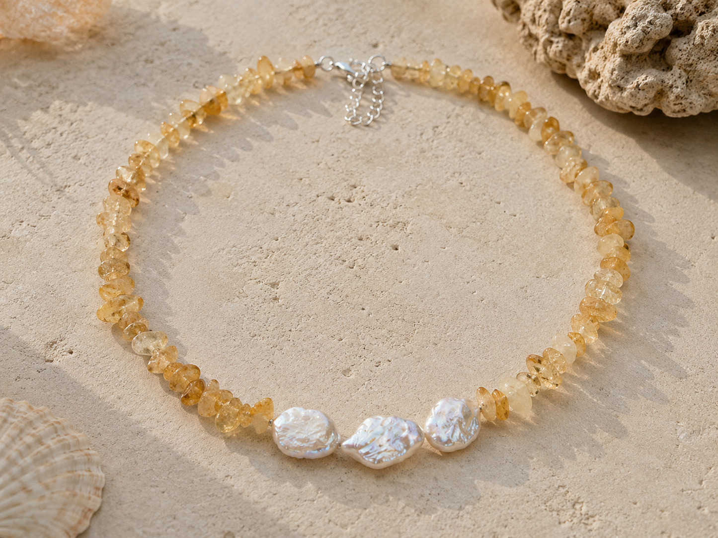 Necklace - Citrine and Biwa Pearl with Silver 925
