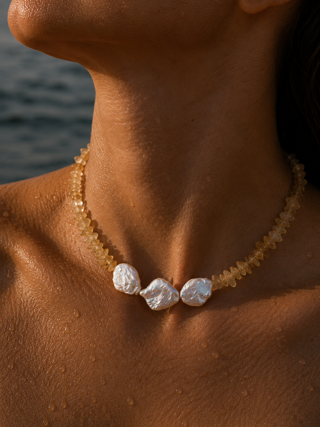 Necklace - Citrine and Biwa Pearl with Silver 925