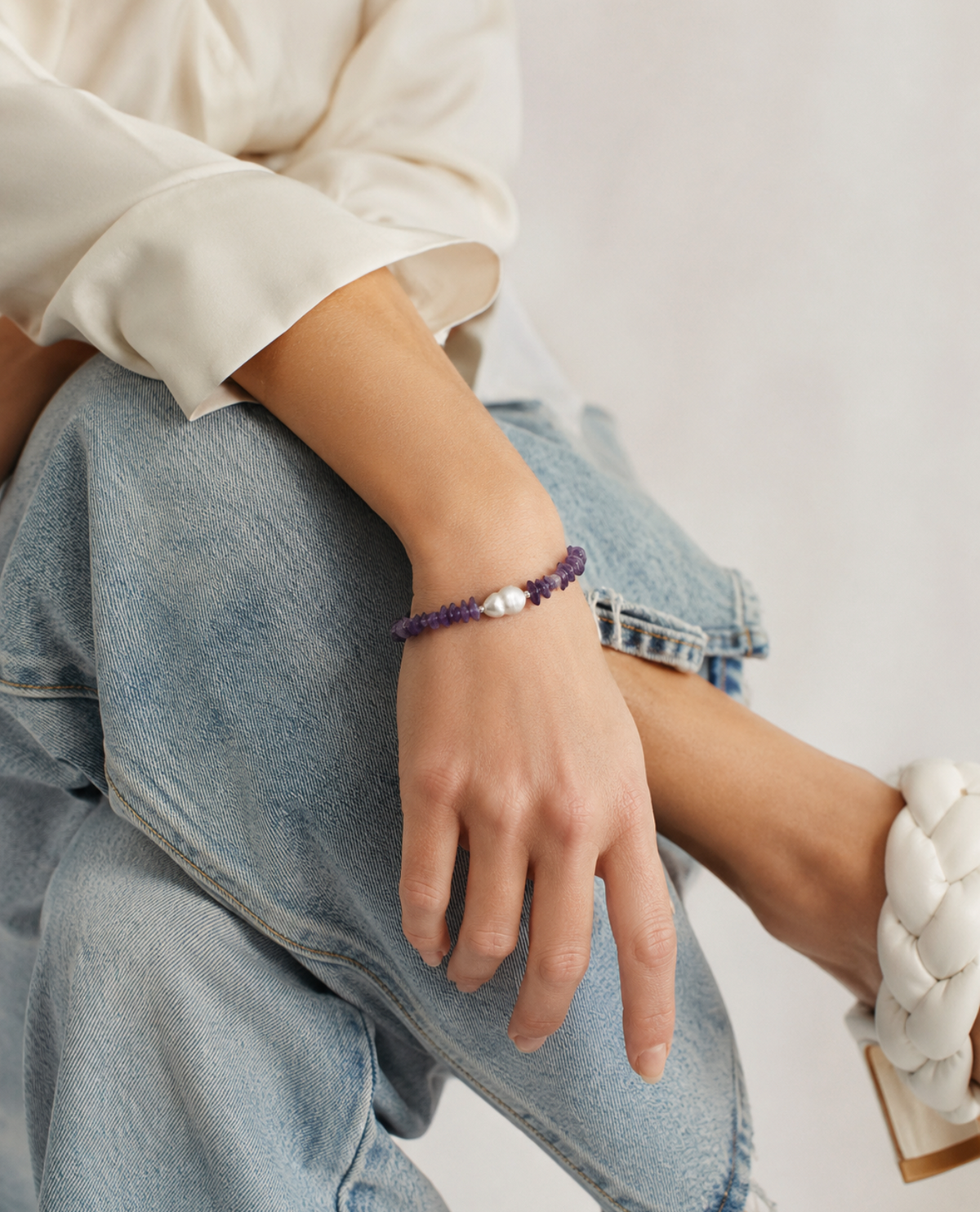 Bracelet - Amethyst and Biwa Pearl with Silver 925