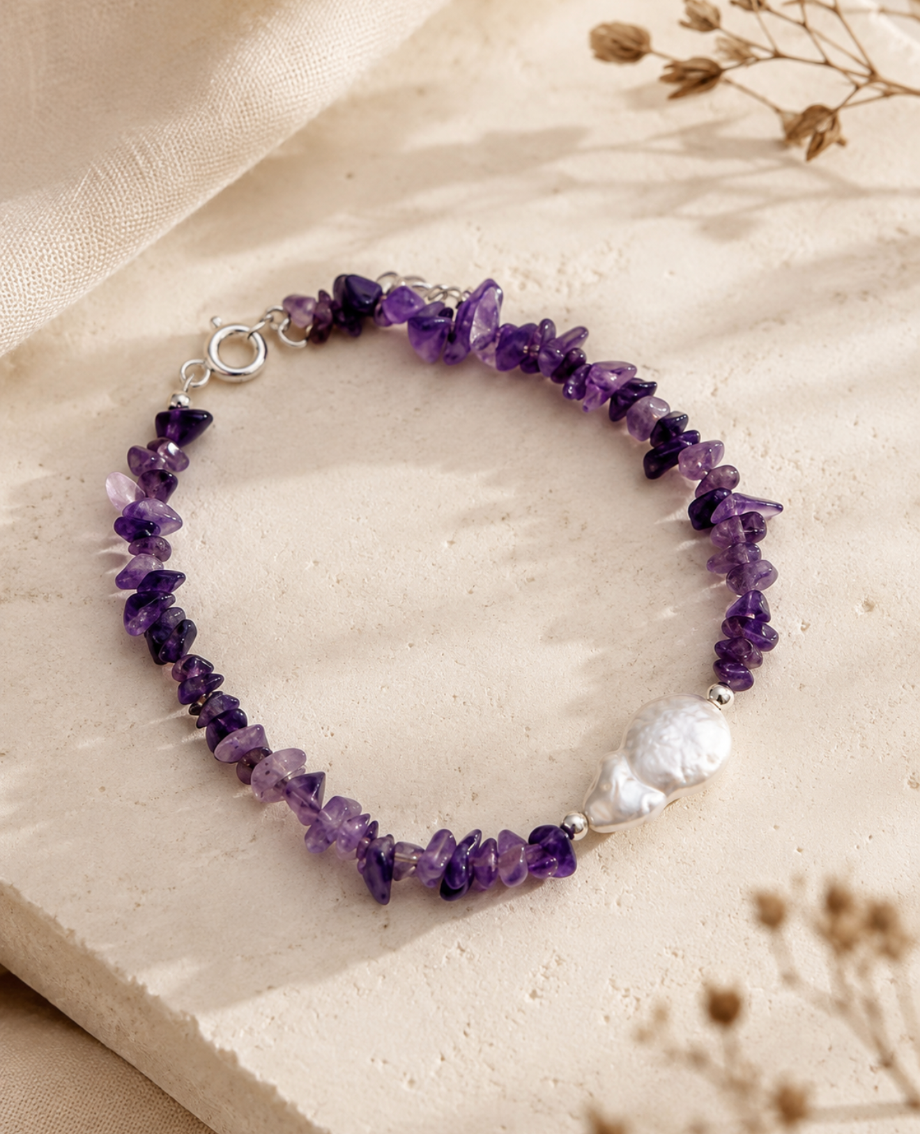 Bracelet - Amethyst and Biwa Pearl with Silver 925