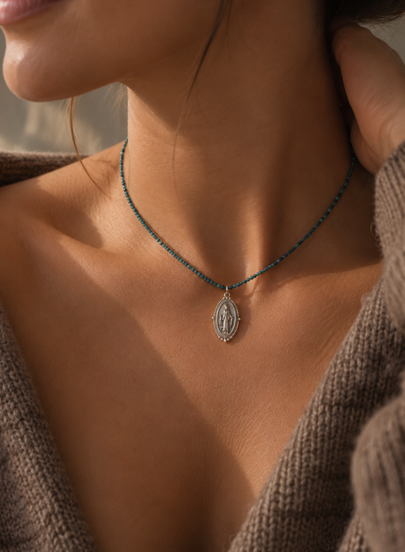 Set of 2 - Necklace: Chrysocolla 2mm - Pendant: Our Lady of Grace in Silver 925