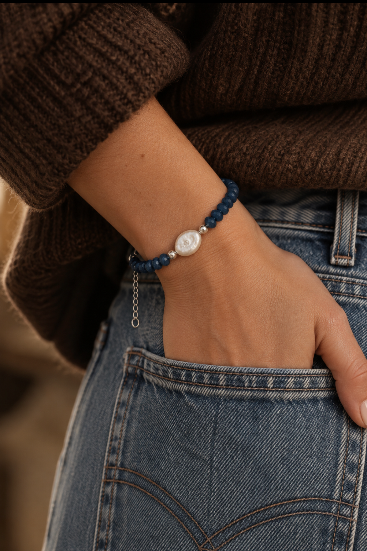 Bracelet - Sapphire Jade and Biwa Pearl with Silver 925
